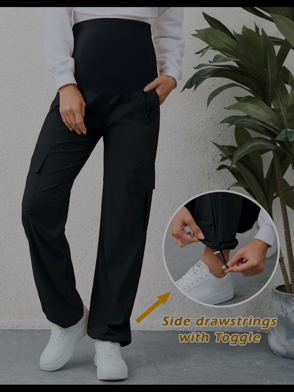 Maternity Black Cargo Jogger Pants with Side Drawstrings